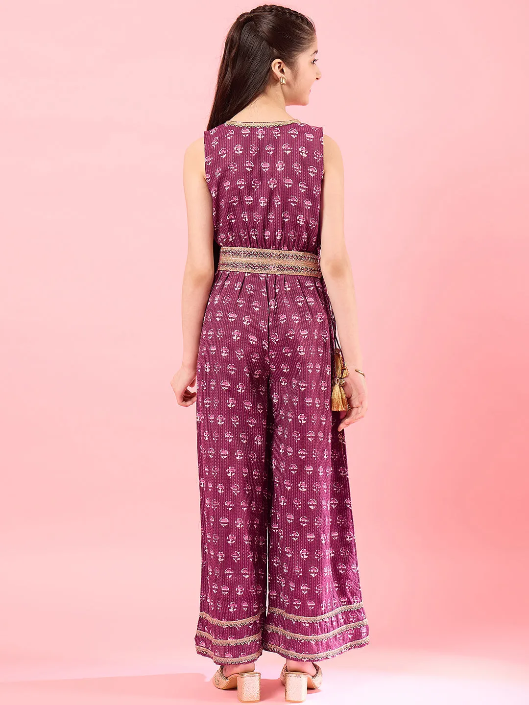 Girls Printed Basic Jumpsuit With Embellished