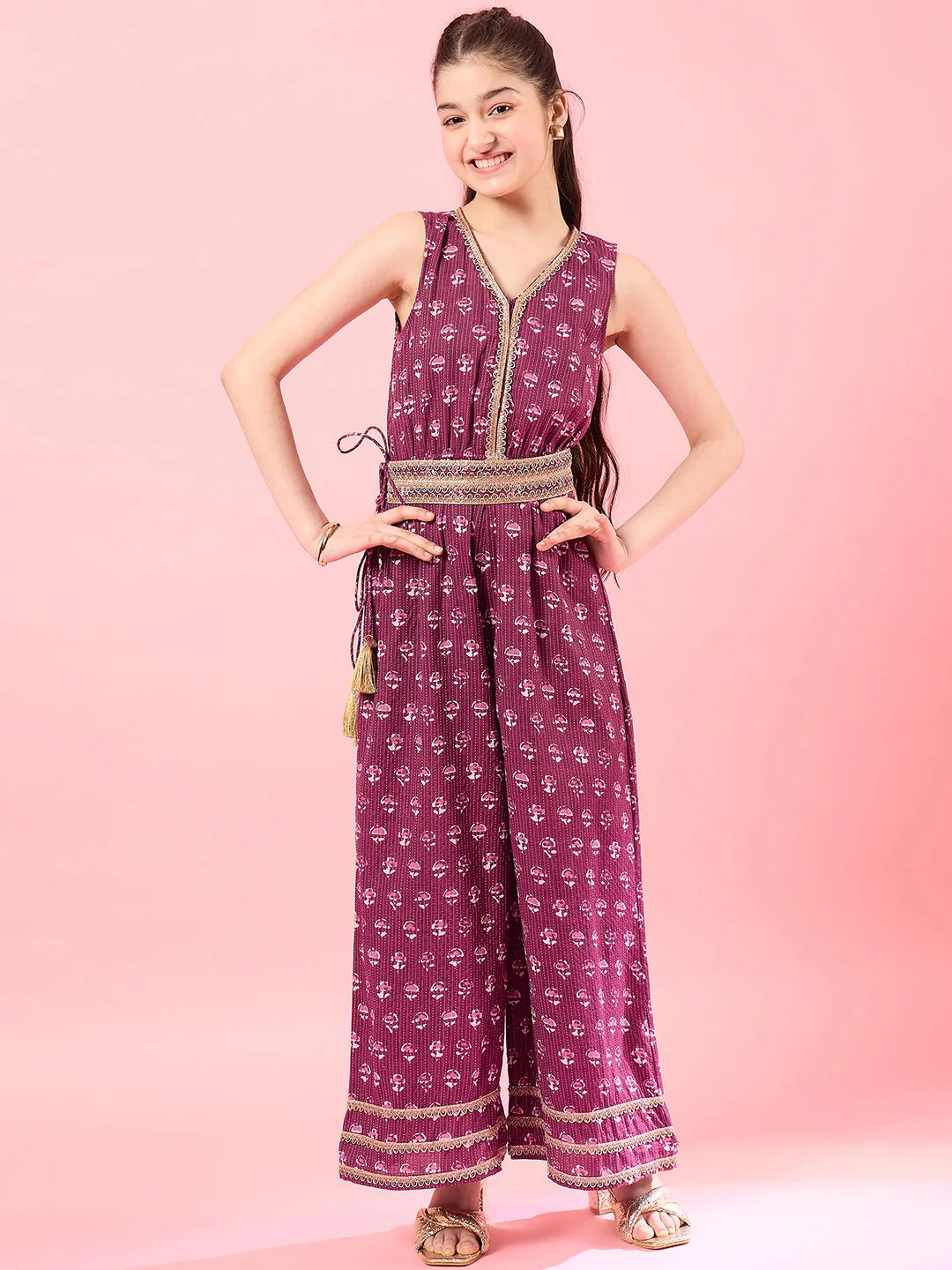 Girls Printed Basic Jumpsuit With Embellished