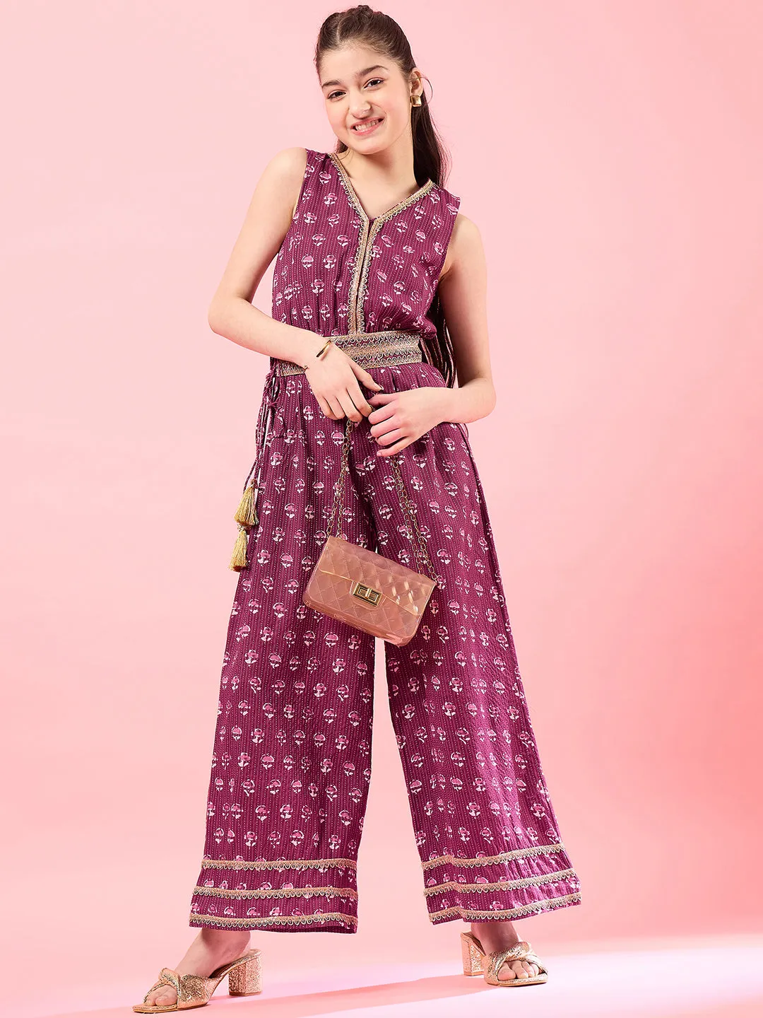 Girls Printed Basic Jumpsuit With Embellished