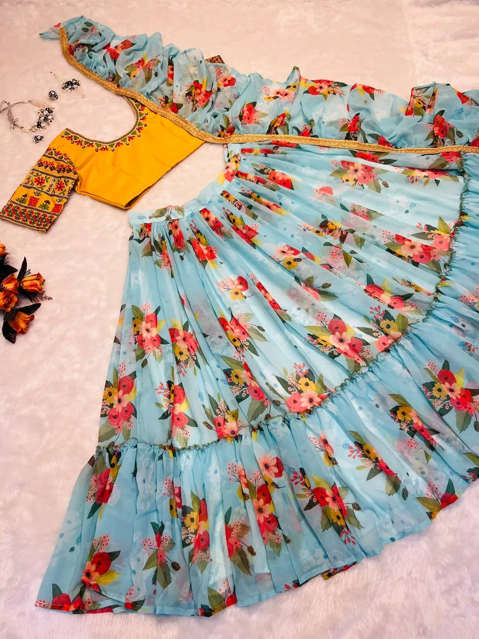 Glossy Floral Printed Sky Blue With Yellow Color Lehenga Choli