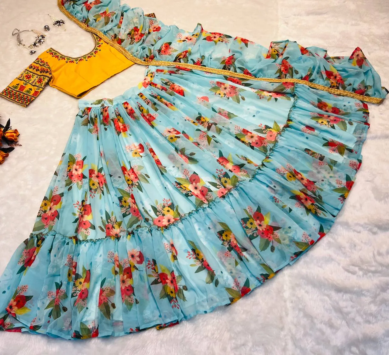 Glossy Floral Printed Sky Blue With Yellow Color Lehenga Choli