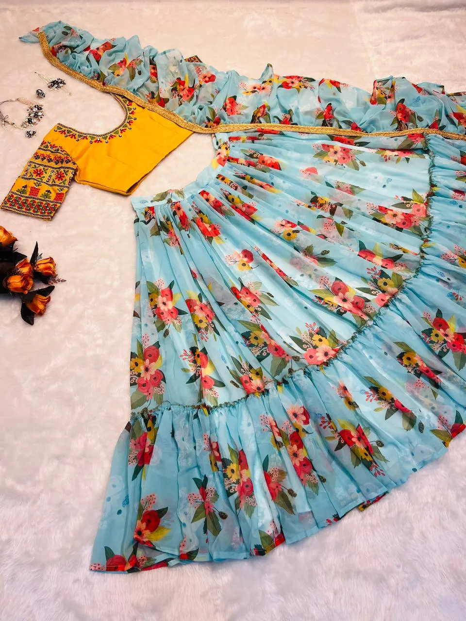 Glossy Floral Printed Sky Blue With Yellow Color Lehenga Choli