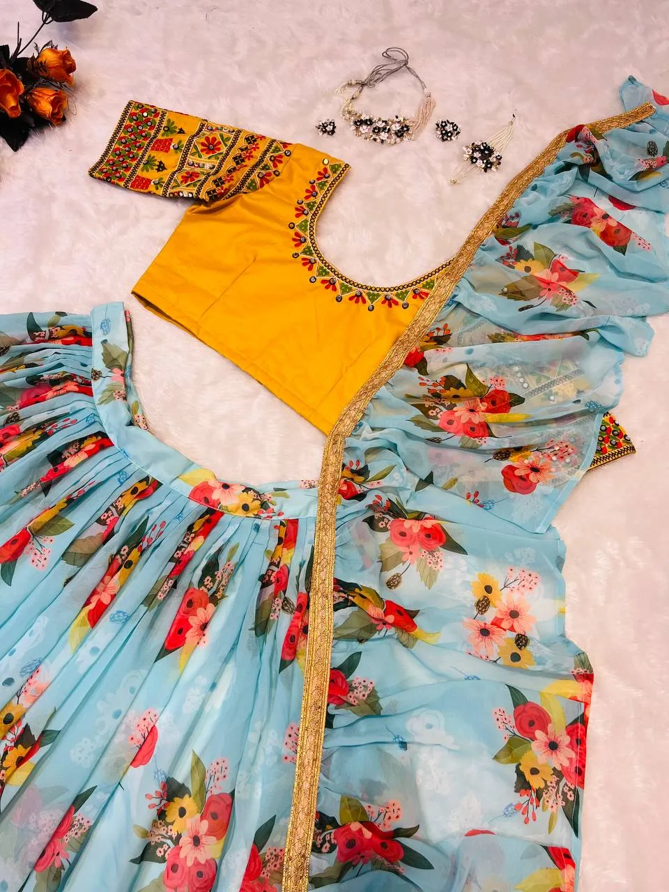 Glossy Floral Printed Sky Blue With Yellow Color Lehenga Choli