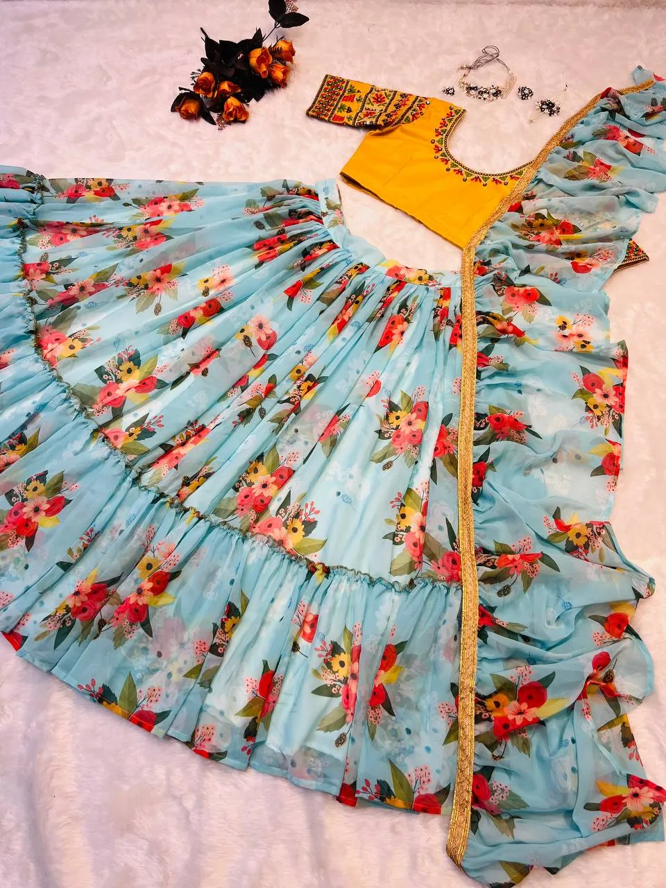 Glossy Floral Printed Sky Blue With Yellow Color Lehenga Choli