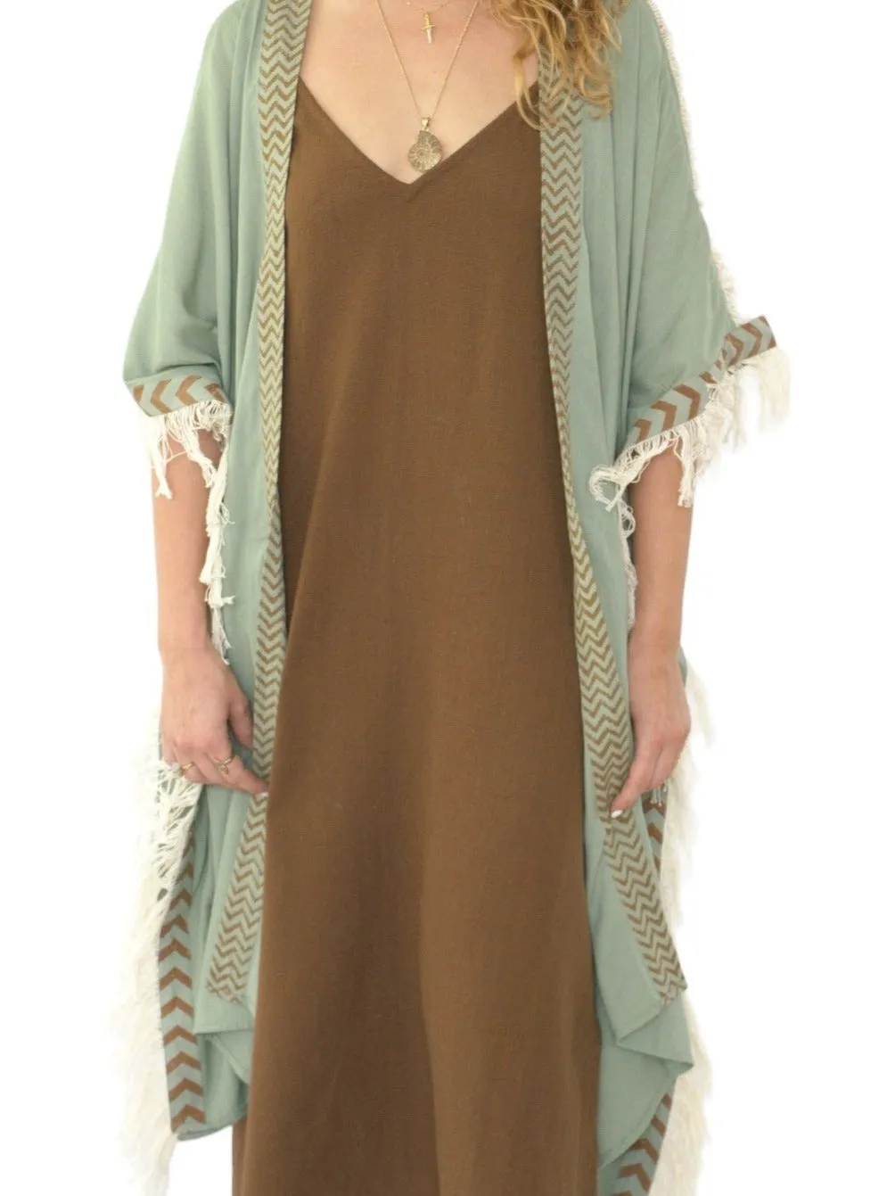 Green Sage Closed-Back Fringe Poncho