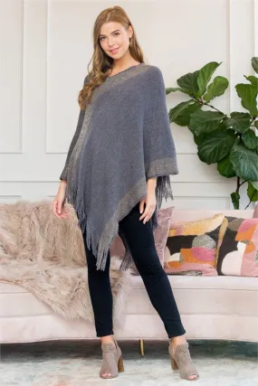 Grey Two Tone Fringe Poncho