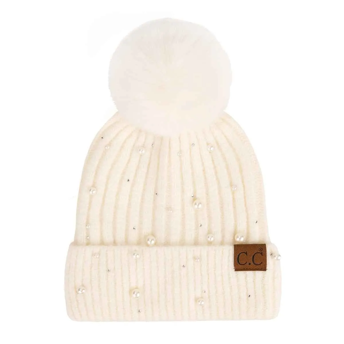 HAT4008 Naomi Pearl Embellished Pom Beanie