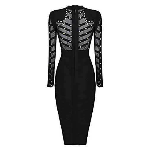 Hego Women's Autumn Mesh Rivets Studded Long Sleeve Bandage Party Dress H1577 (M, Black)