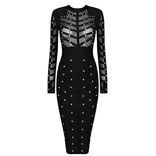 Hego Women's Autumn Mesh Rivets Studded Long Sleeve Bandage Party Dress H1577 (M, Black)