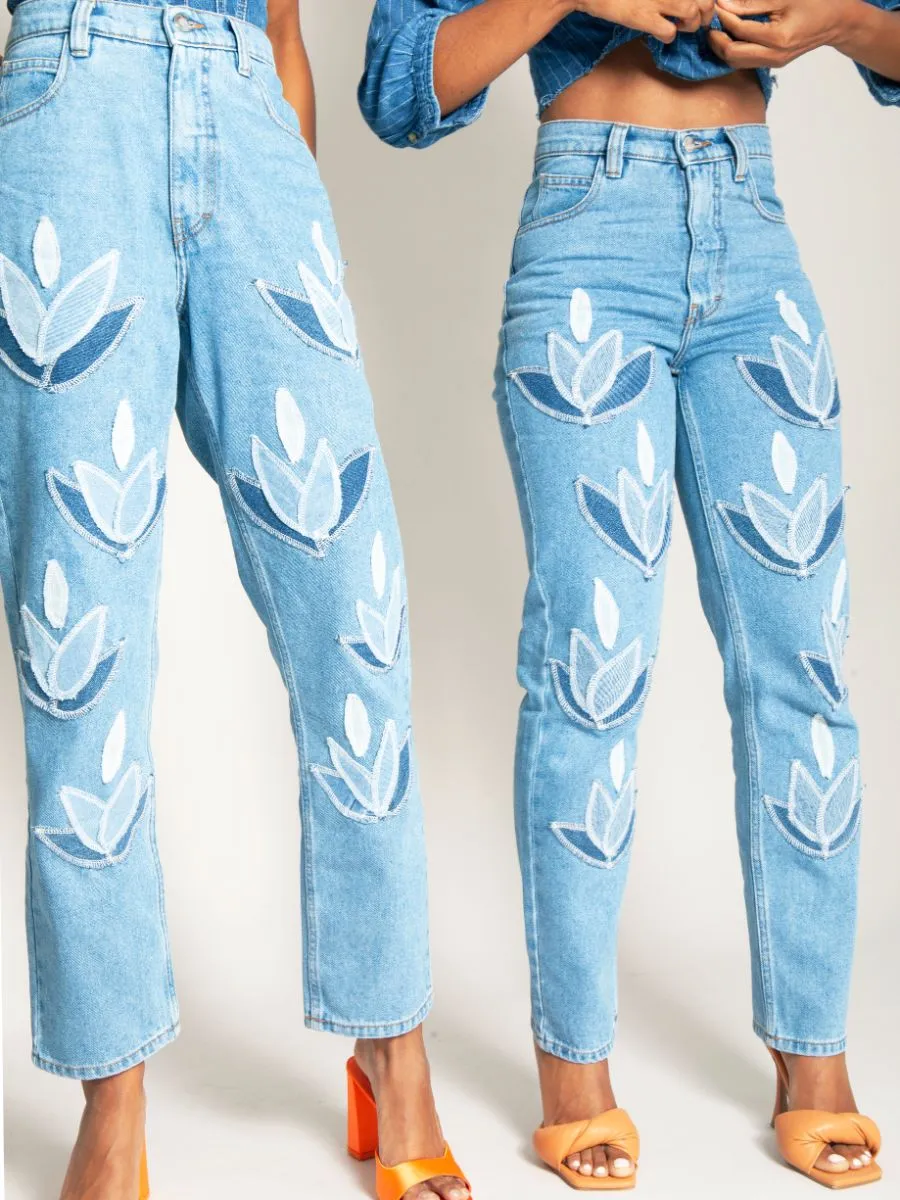 High Waisted Organic & Recycled Upcycled Denim Leaf Blue Jeans