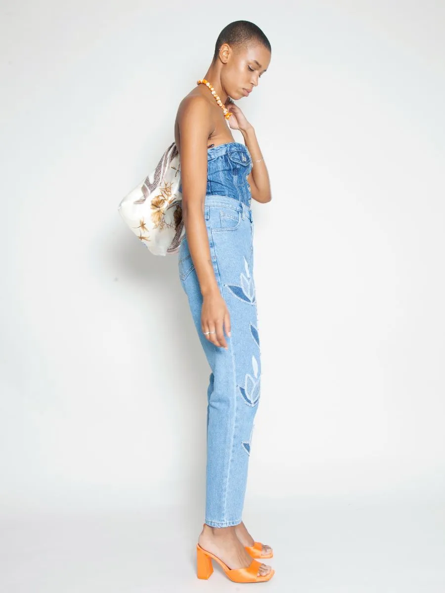 High Waisted Organic & Recycled Upcycled Denim Leaf Blue Jeans