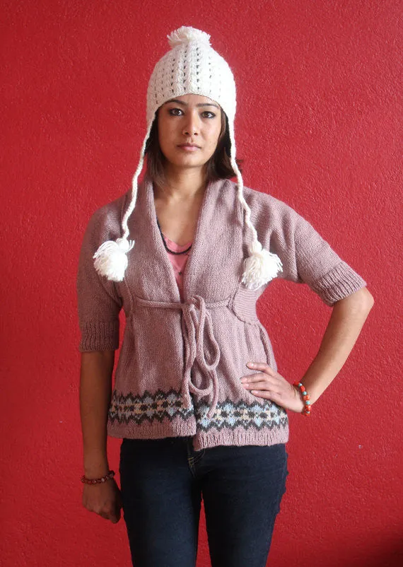 Himalayan Crocheted Ear Flap White Sherpa Cap WOC01