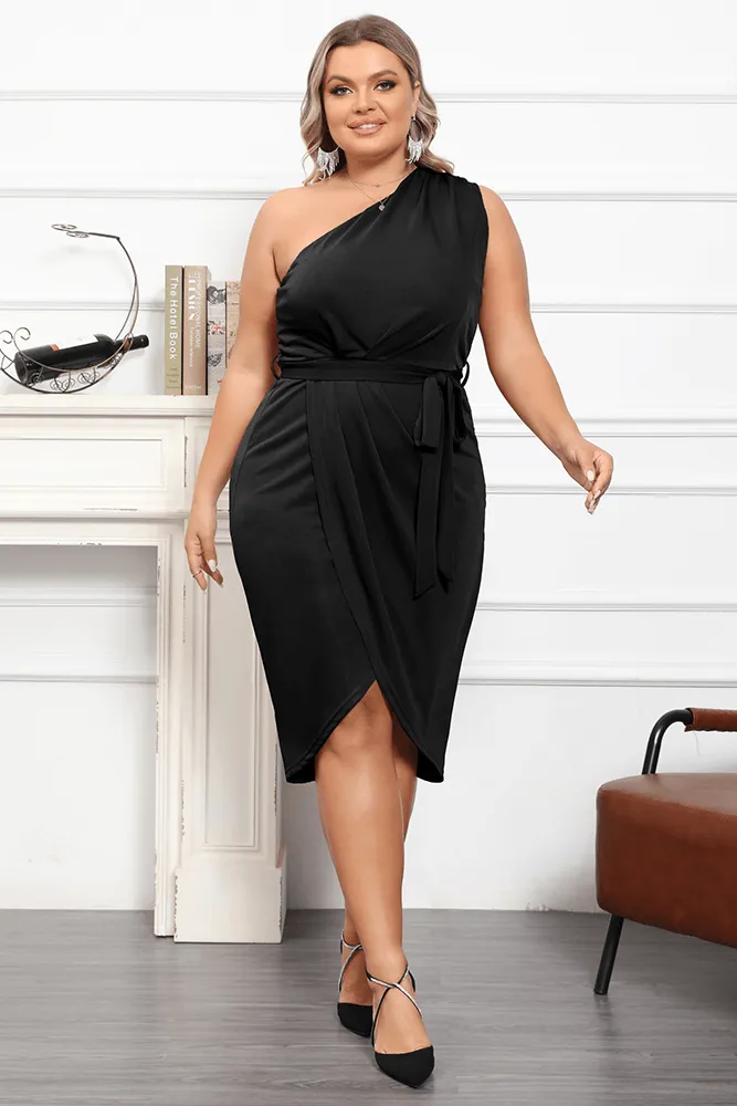 HN Plus Size Wrap Hem One-Shoulder Oblique Neck Bodycon Dress