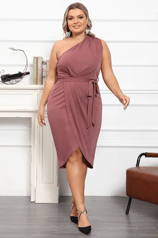 HN Plus Size Wrap Hem One-Shoulder Oblique Neck Bodycon Dress