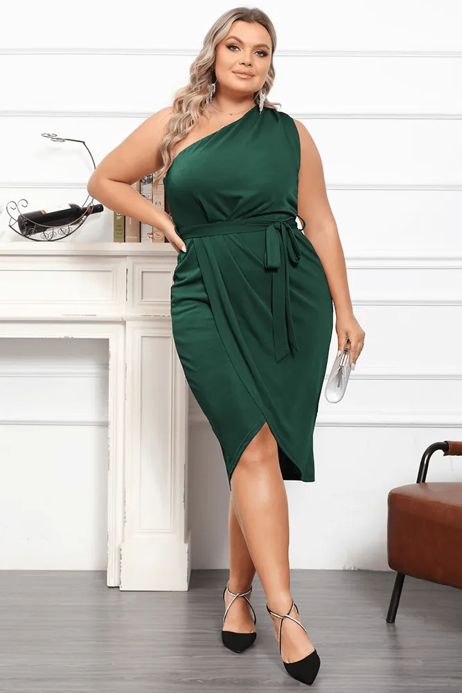 HN Plus Size Wrap Hem One-Shoulder Oblique Neck Bodycon Dress