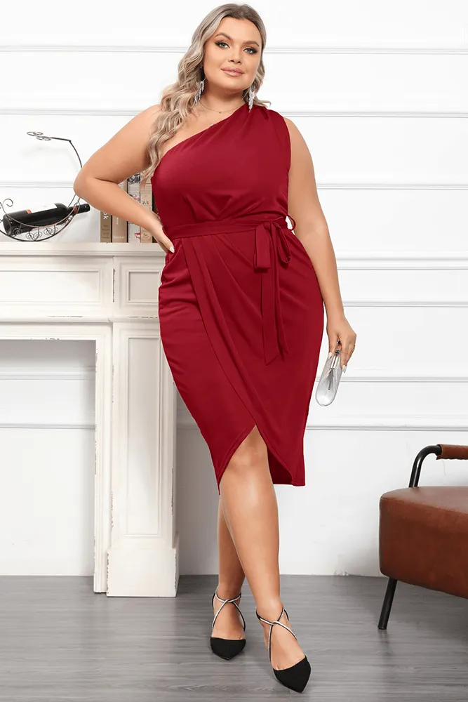 HN Plus Size Wrap Hem One-Shoulder Oblique Neck Bodycon Dress