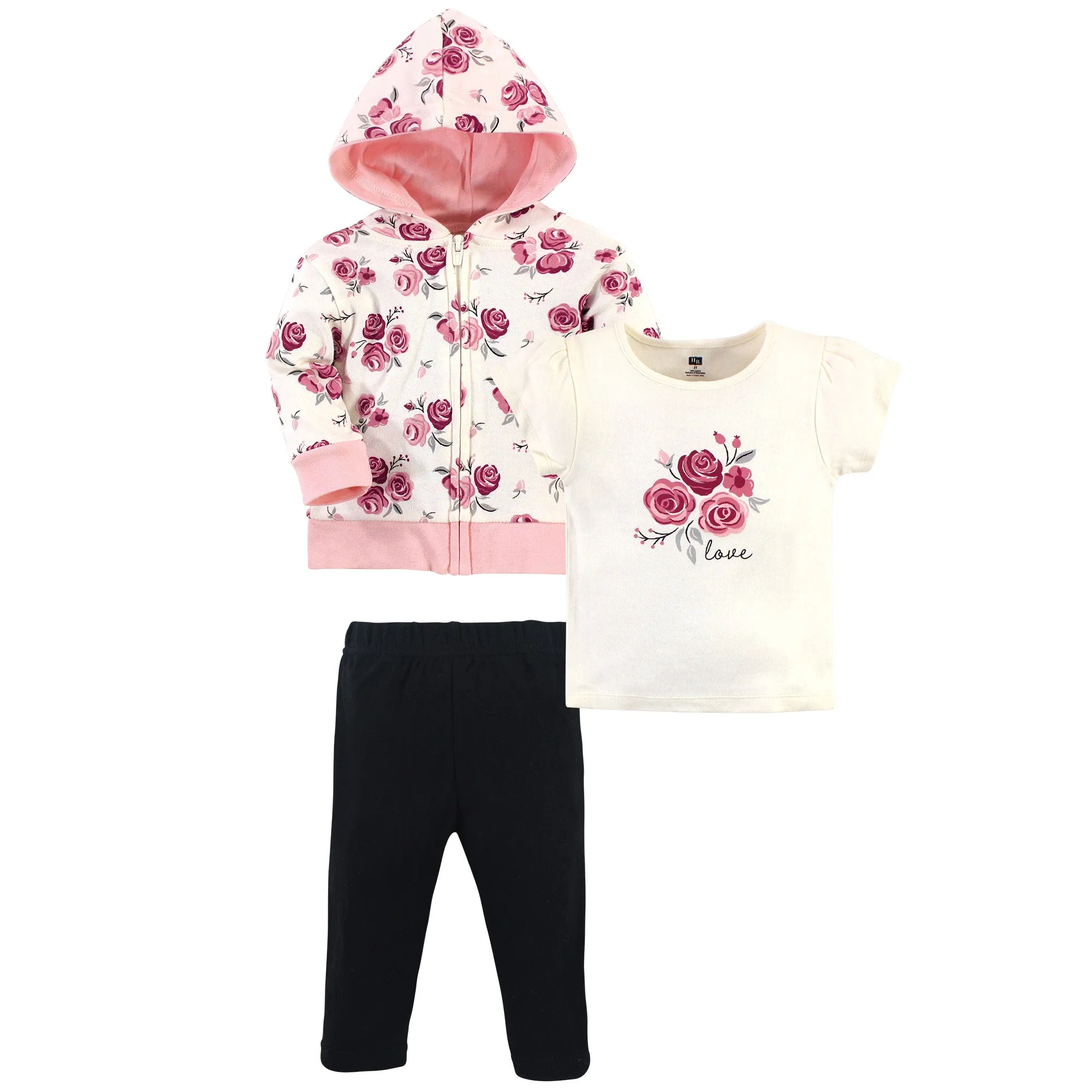 Hudson Baby Cotton Hoodie, Bodysuit or Tee Top and Pant Set, Rose Toddler