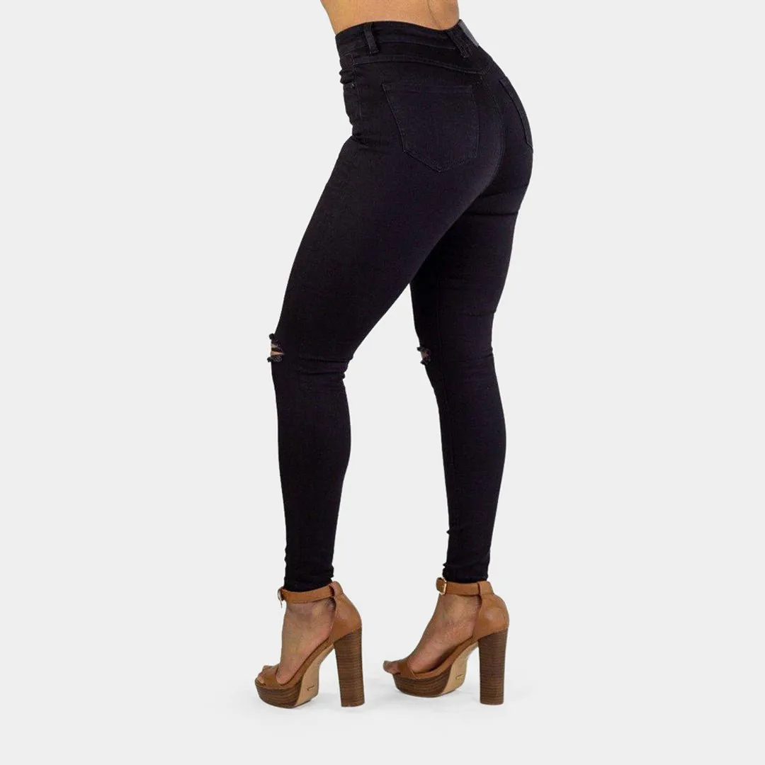 Impact High Waisted Skinny Jeans - Black Knee Rips