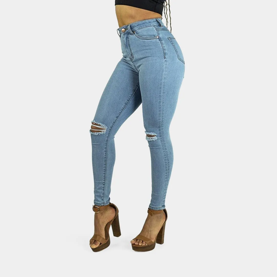 Impact High Waisted Skinny Jeans - Blue Sky Knee Rips