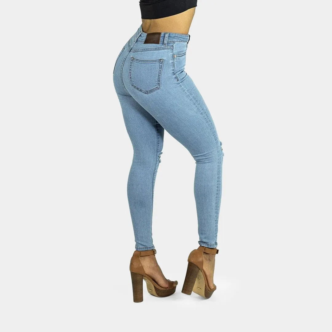 Impact High Waisted Skinny Jeans - Blue Sky Knee Rips