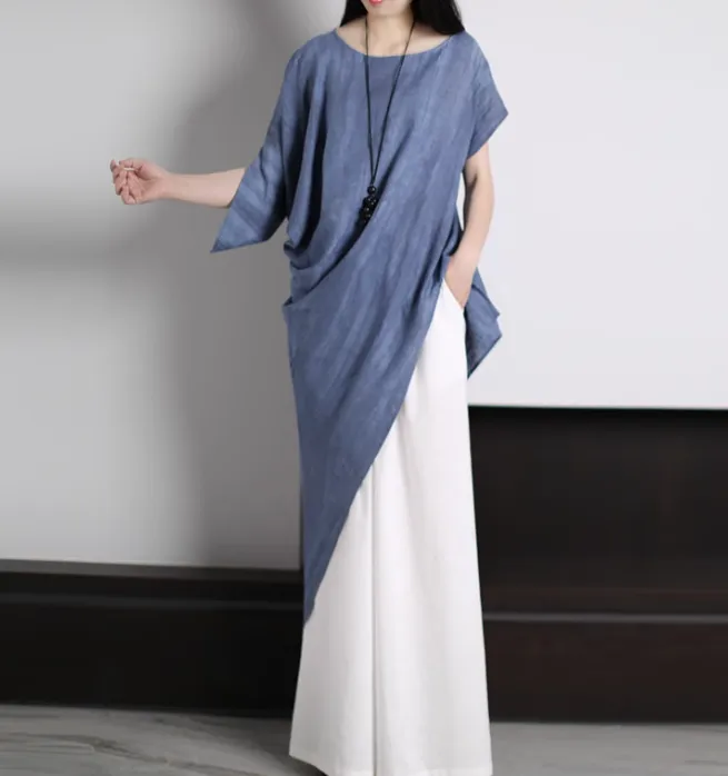 Irregular linen blouse,Linen Dresses, Summer unique T-shirt 9942