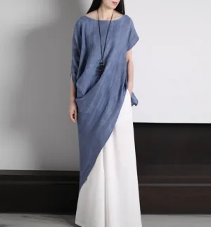 Irregular linen blouse,Linen Dresses, Summer unique T-shirt 9942