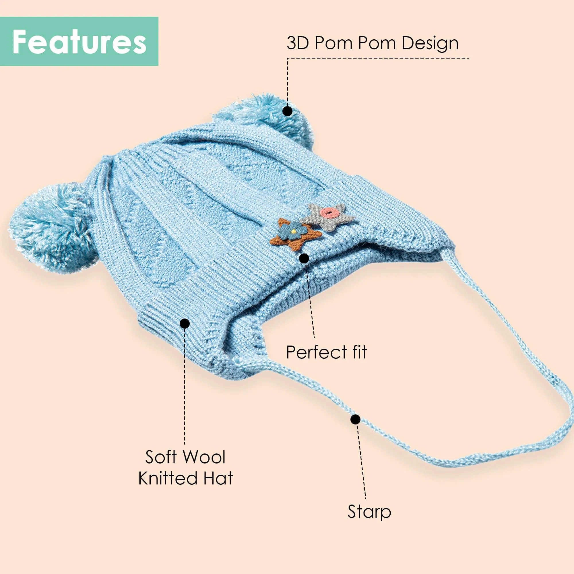 Knit Woollen Cap With Tie For Ear Cover Starry Pom Pom Blue