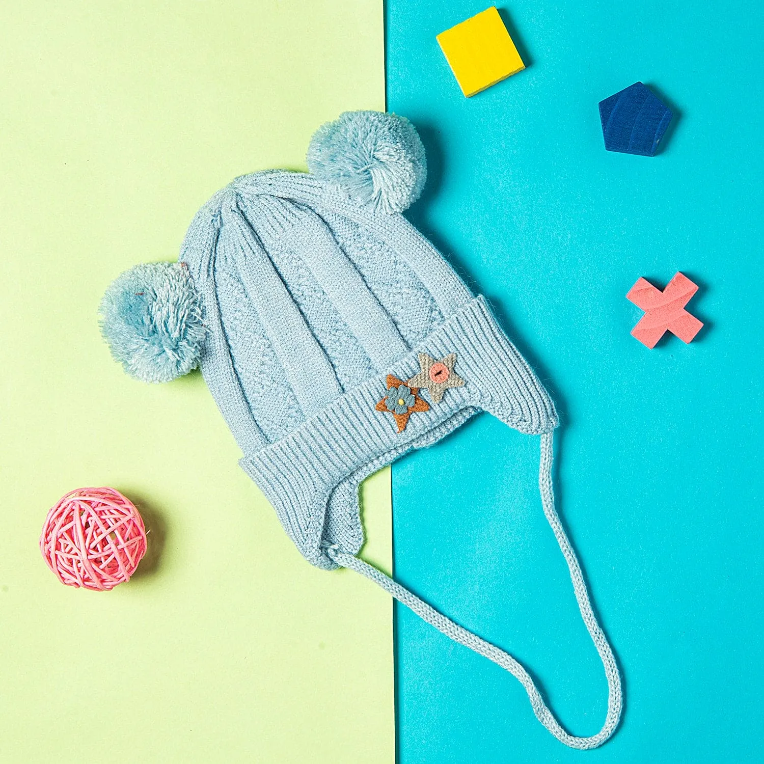 Knit Woollen Cap With Tie For Ear Cover Starry Pom Pom Blue