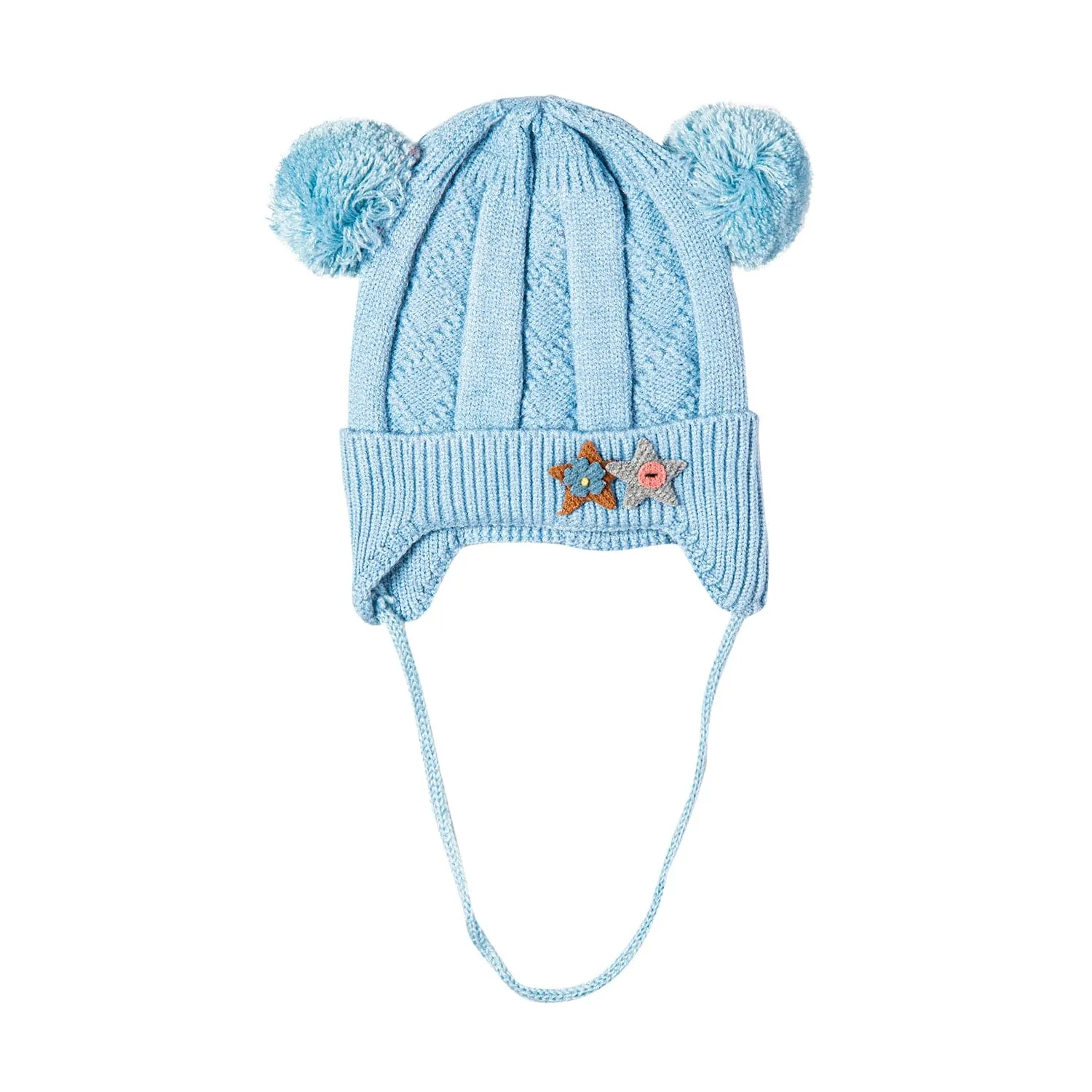 Knit Woollen Cap With Tie For Ear Cover Starry Pom Pom Blue