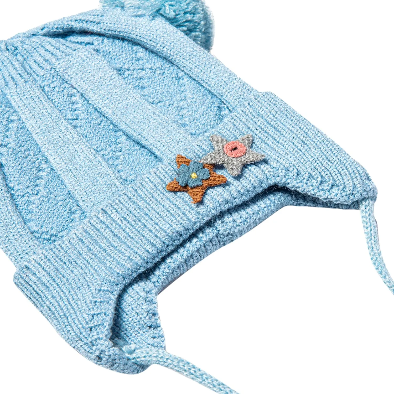 Knit Woollen Cap With Tie For Ear Cover Starry Pom Pom Blue