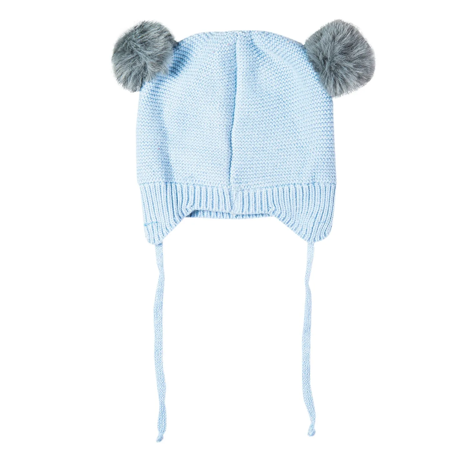 Knit Woollen Cap With Tie Knot For Ear Cover Sleeping Pom Pom Blue