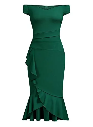 Knitee Women's Off Shoulder V-Neck Ruffle Pleat Waist Bodycon Evening Cocktail Slit Formal Dress (Dark Green, Small)