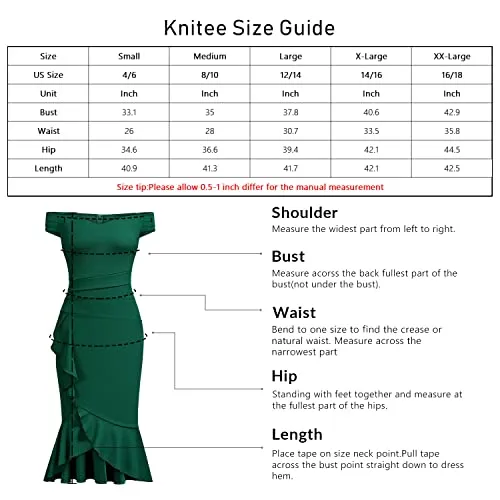 Knitee Women's Off Shoulder V-Neck Ruffle Pleat Waist Bodycon Evening Cocktail Slit Formal Dress (Dark Green, Small)