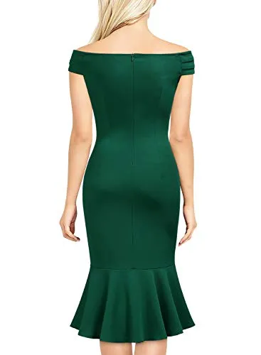 Knitee Women's Off Shoulder V-Neck Ruffle Pleat Waist Bodycon Evening Cocktail Slit Formal Dress (Dark Green, Small)