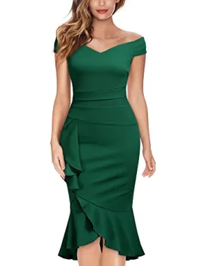 Knitee Women's Off Shoulder V-Neck Ruffle Pleat Waist Bodycon Evening Cocktail Slit Formal Dress (Dark Green, Small)