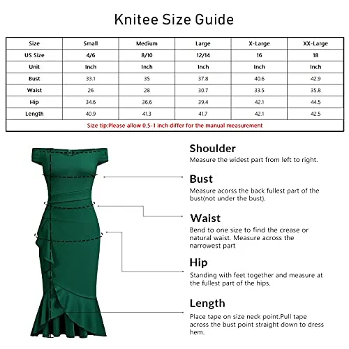 Knitee Women's Off Shoulder V-Neck Ruffle Pleat Waist Bodycon Evening Cocktail Slit Formal Dress (Dark Green, Small)