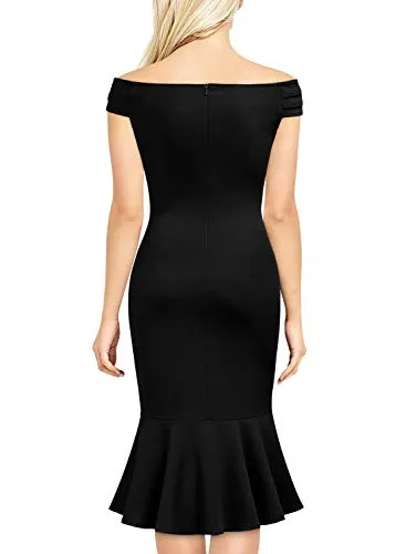 Knitee Women's Off Shoulder V-Neck Ruffle Pleat Waist Bodycon Evening Cocktail Slit Formal Dress (Dark Green, Small)