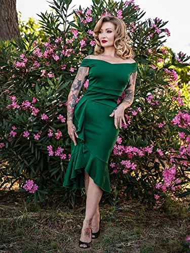 Knitee Women's Off Shoulder V-Neck Ruffle Pleat Waist Bodycon Evening Cocktail Slit Formal Dress (Dark Green, Small)