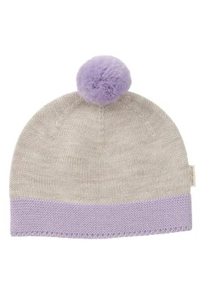 KNITTED BEANIE WITH POMPOM - LAVENDER/ PALE CREAM MELANGE COMB.