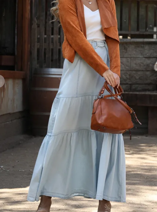 Layered Ruffle Denim Maxi Skirt