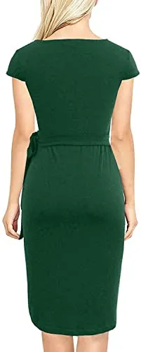 Liyinxi Women's Elegant Short Sleeves Knee Length Sheath Summer Bodycon Birthday Party Green Faux Wrap Dress (S, L8022-Green)