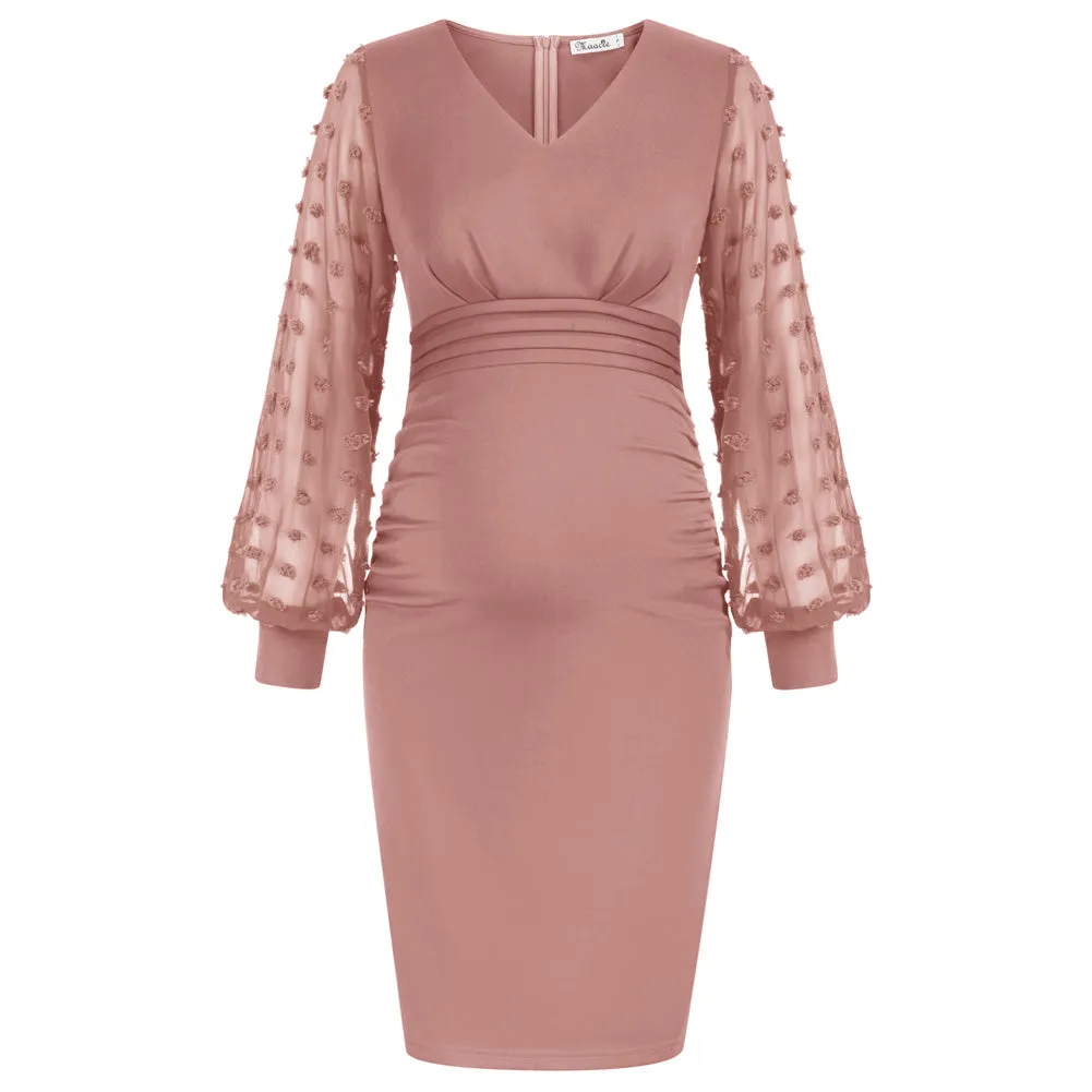 Maacie Light Pink Women Maternity Contrast Fabric Dress Long Sleeve V-Neck Bodycon Dress