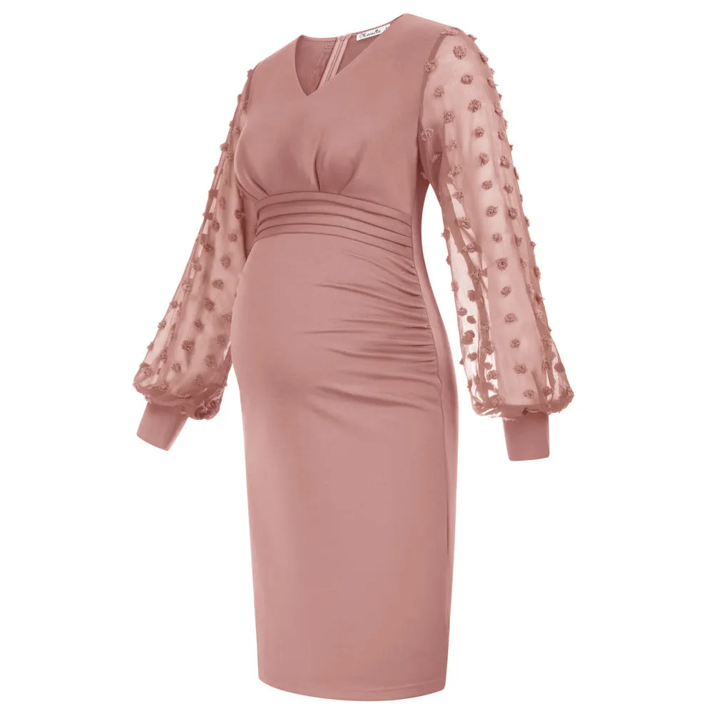 Maacie Light Pink Women Maternity Contrast Fabric Dress Long Sleeve V-Neck Bodycon Dress