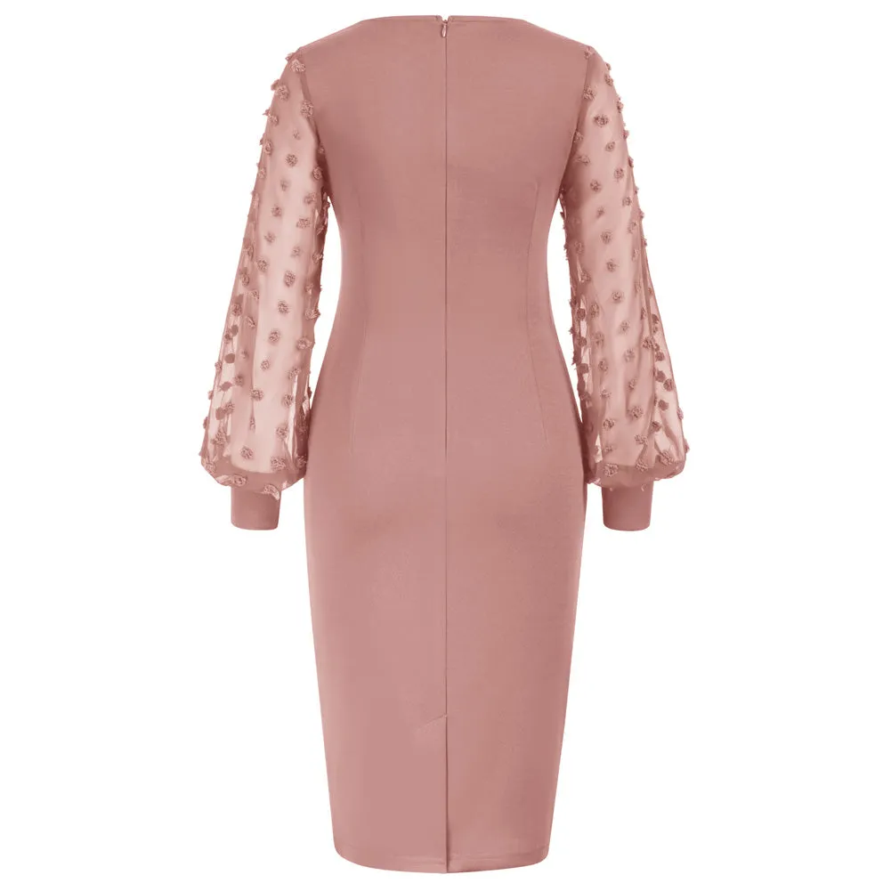 Maacie Light Pink Women Maternity Contrast Fabric Dress Long Sleeve V-Neck Bodycon Dress