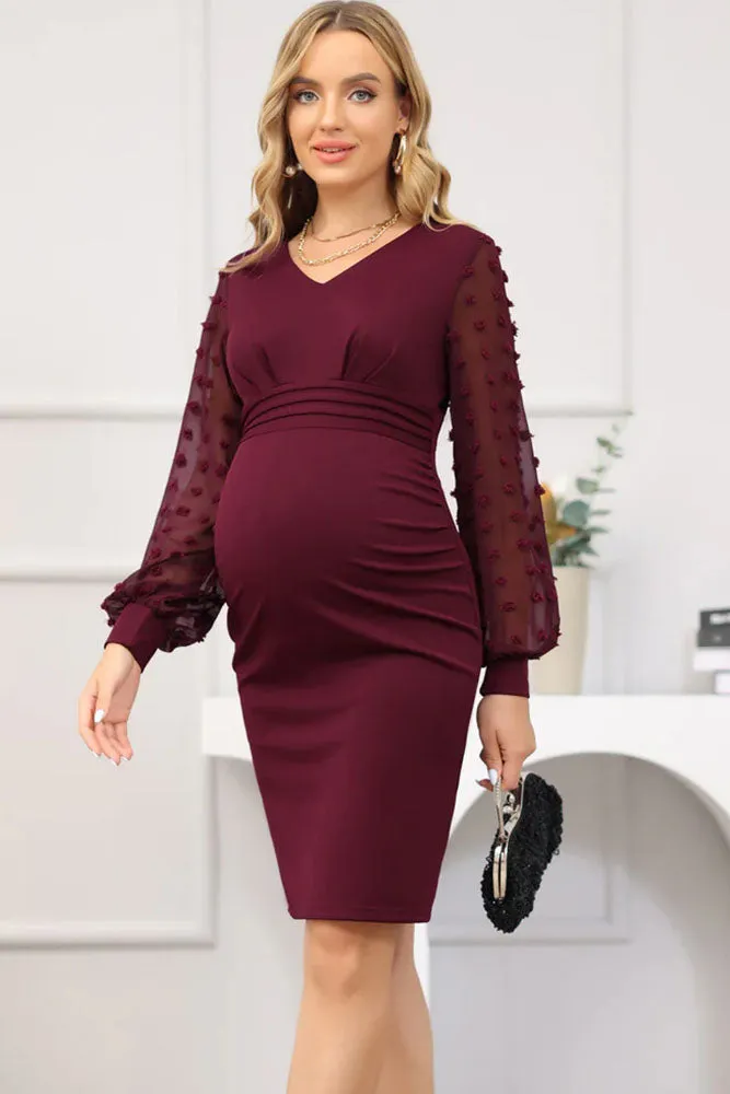 Maacie Women Maternity Contrast Fabric Dress Long Sleeve V-Neck Bodycon Dress