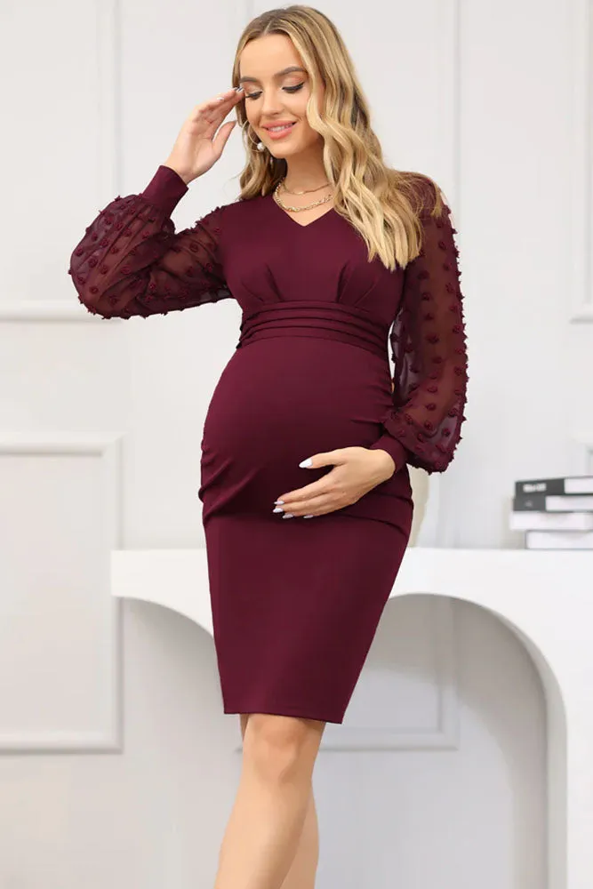 Maacie Women Maternity Contrast Fabric Dress Long Sleeve V-Neck Bodycon Dress