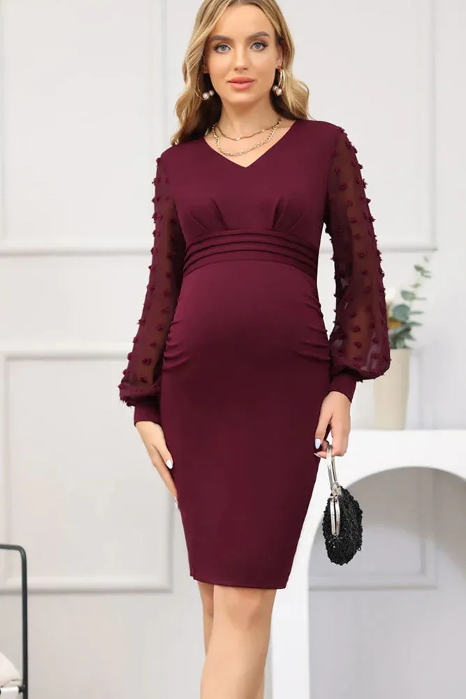 Maacie Women Maternity Contrast Fabric Dress Long Sleeve V-Neck Bodycon Dress