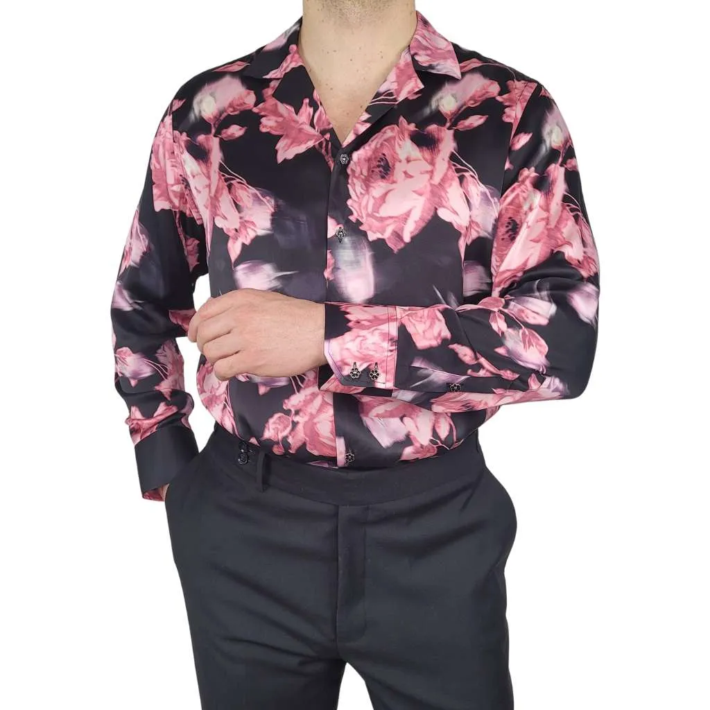 Mens Black Floral Silk Shirt