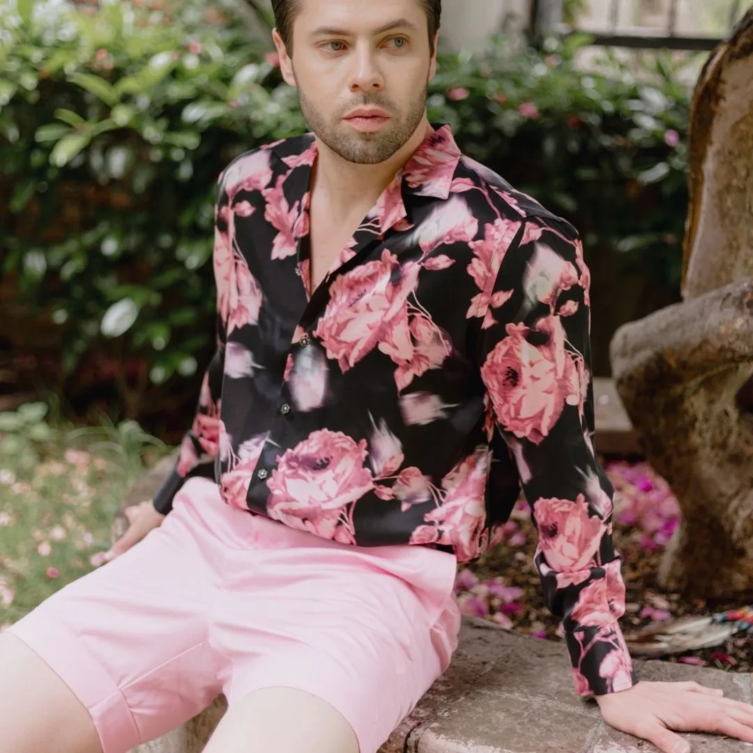 Mens Black Floral Silk Shirt