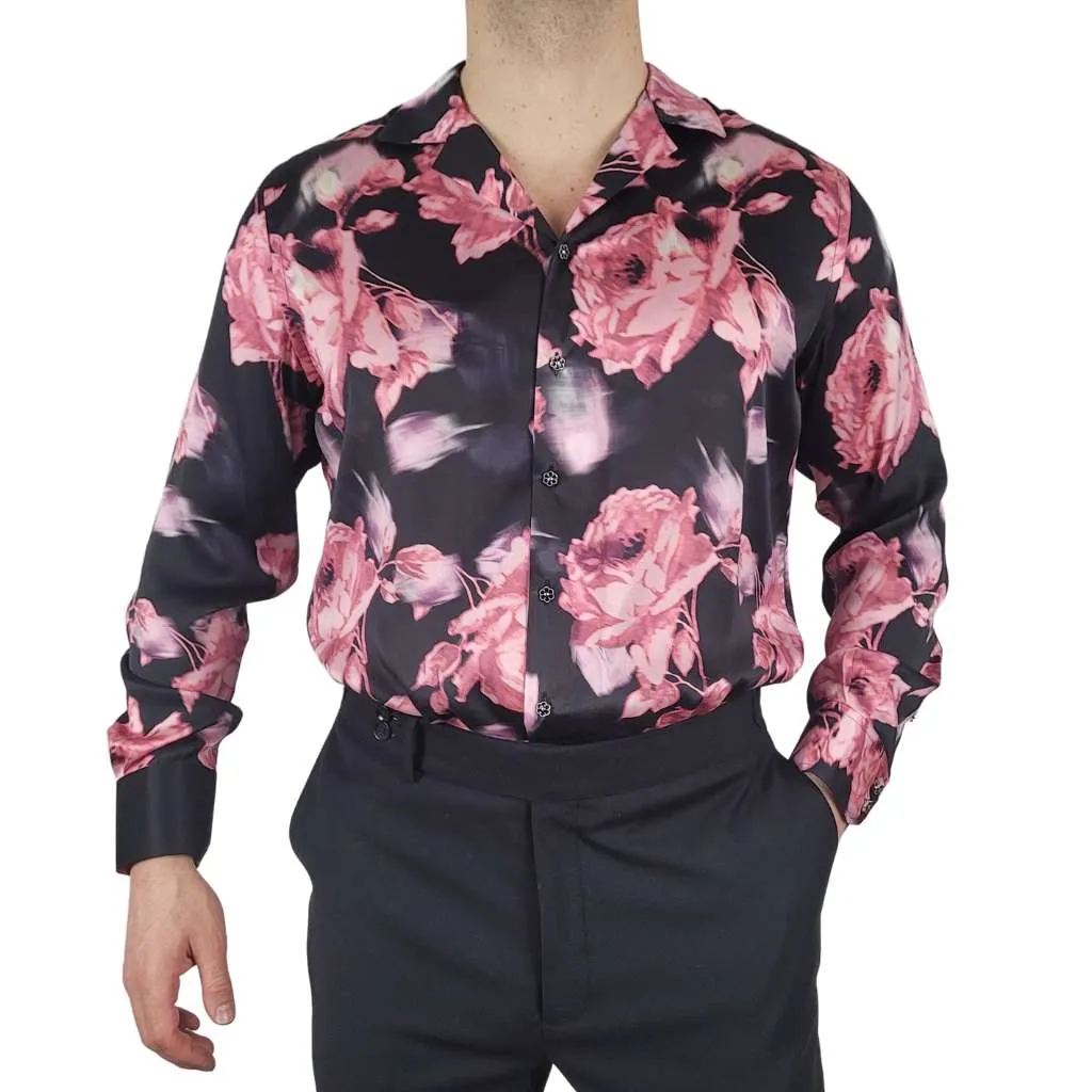 Mens Black Floral Silk Shirt